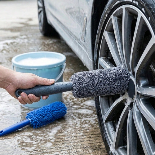 2Pcs Long Handle Tire Brush, Car Wheel Rim Cleaning Scrubber, Microfiber Auto Detailing Brush For Rims, Engine, Exhaust, Motorcycle, Bicycle, Truck SUV, Car Care Supplies, Garage Cleaning Tools