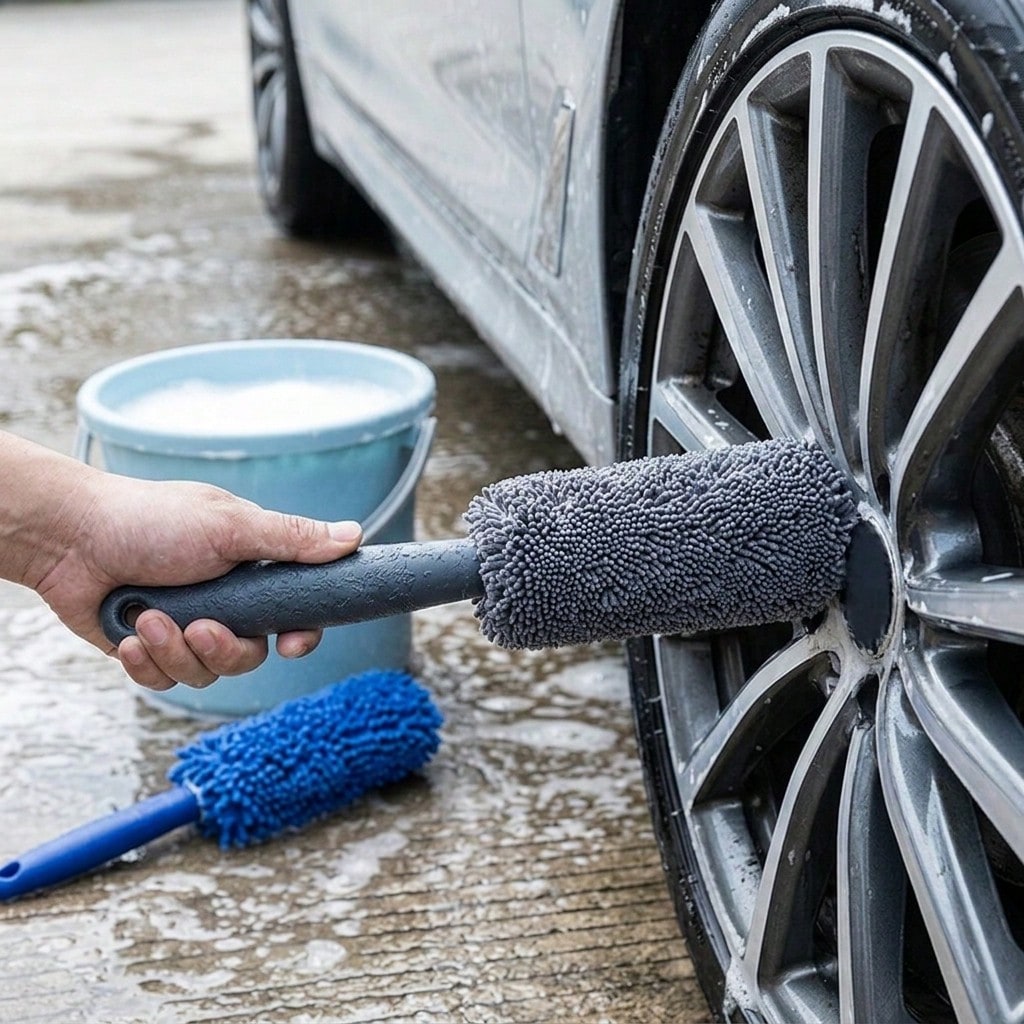 2Pcs Long Handle Tire Brush, Car Wheel Rim Cleaning Scrubber, Microfiber Auto Detailing Brush For Rims, Engine, Exhaust, Motorcycle, Bicycle, Truck SUV, Car Care Supplies, Garage Cleaning Tools