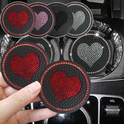 2PCS Luxury Style Multi-Color Rhinestone Heart Car Cup Holders, Sparkling Rhinestone Texture, Soft Durable Easy To Clean, Secure Water Cups And Beautify Interior