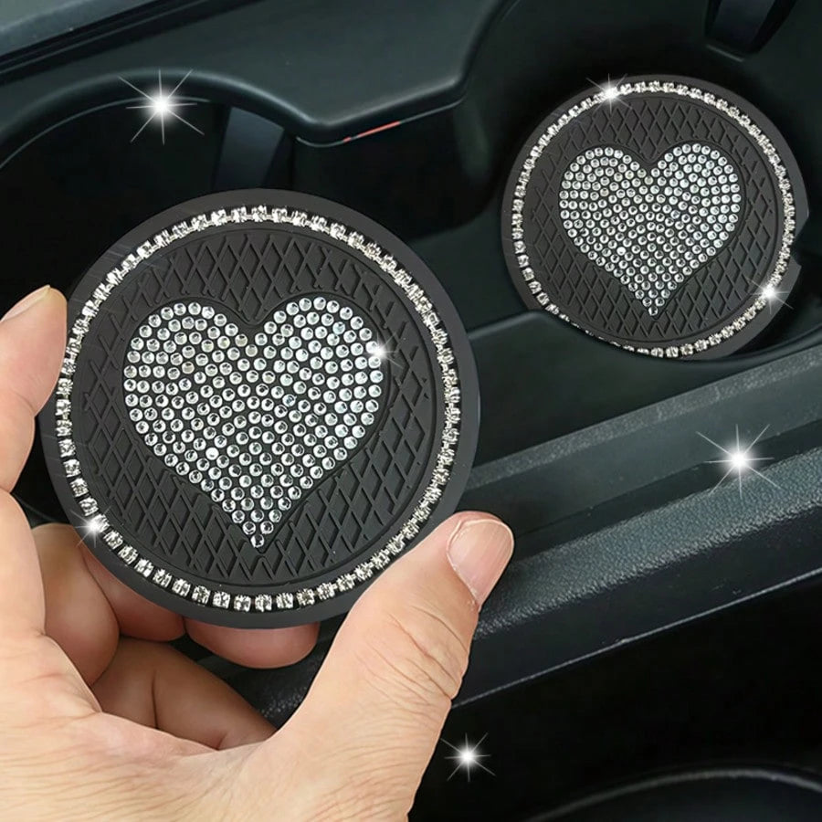 2PCS Luxury Style Multi-Color Rhinestone Heart Car Cup Holders, Sparkling Rhinestone Texture, Soft Durable Easy To Clean, Secure Water Cups And Beautify Interior