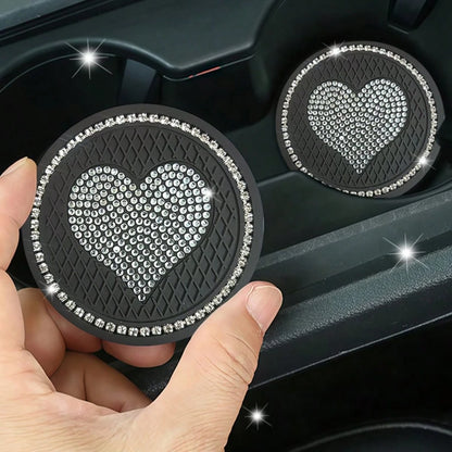 2PCS Luxury Style Multi-Color Rhinestone Heart Car Cup Holders, Sparkling Rhinestone Texture, Soft Durable Easy To Clean, Secure Water Cups And Beautify Interior