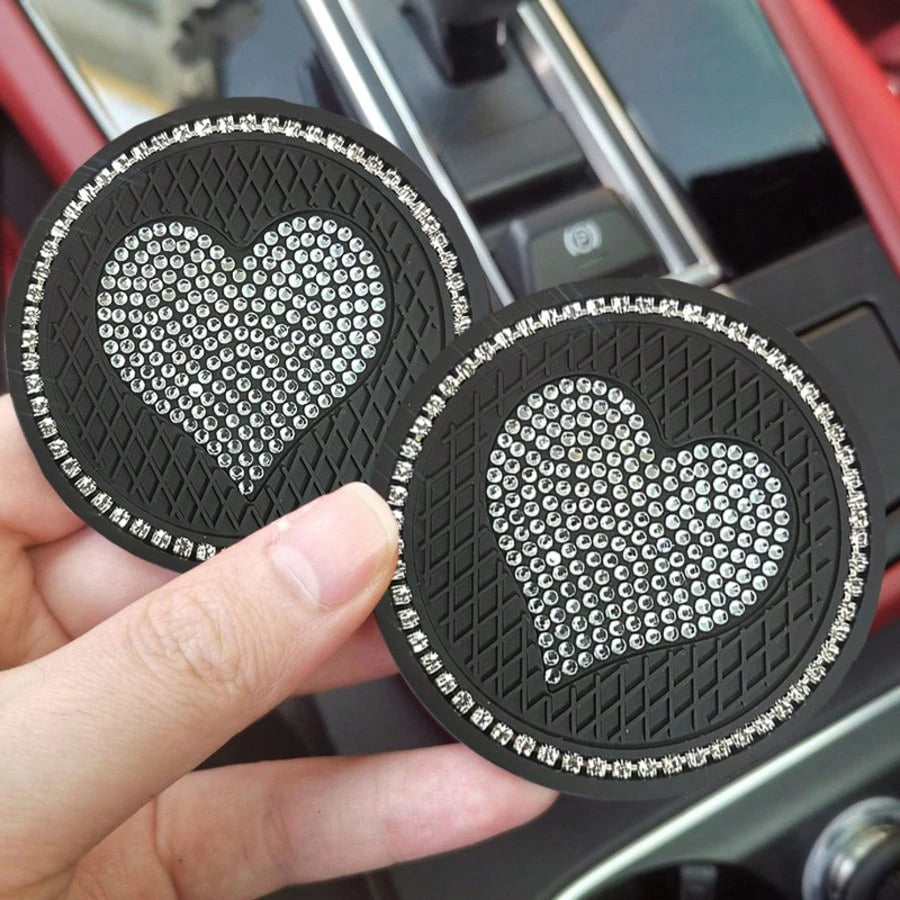 2PCS Luxury Style Multi-Color Rhinestone Heart Car Cup Holders, Sparkling Rhinestone Texture, Soft Durable Easy To Clean, Secure Water Cups And Beautify Interior
