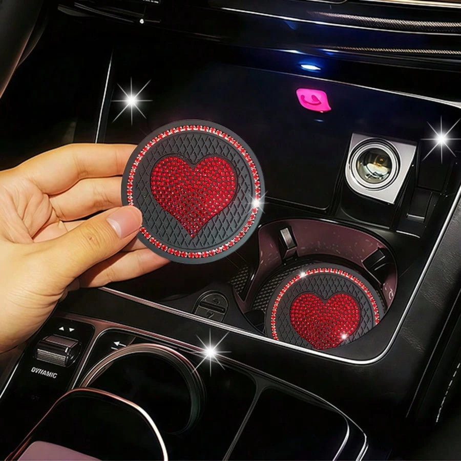 2PCS Luxury Style Multi-Color Rhinestone Heart Car Cup Holders, Sparkling Rhinestone Texture, Soft Durable Easy To Clean, Secure Water Cups And Beautify Interior
