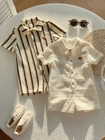 2pcs Newborn Baby Unisex Casual Striped Polo Collar Short Sleeve Romper Set,Blue And White Stripe,Summer,Casual,Family Matching,Birthday Party,Wedding