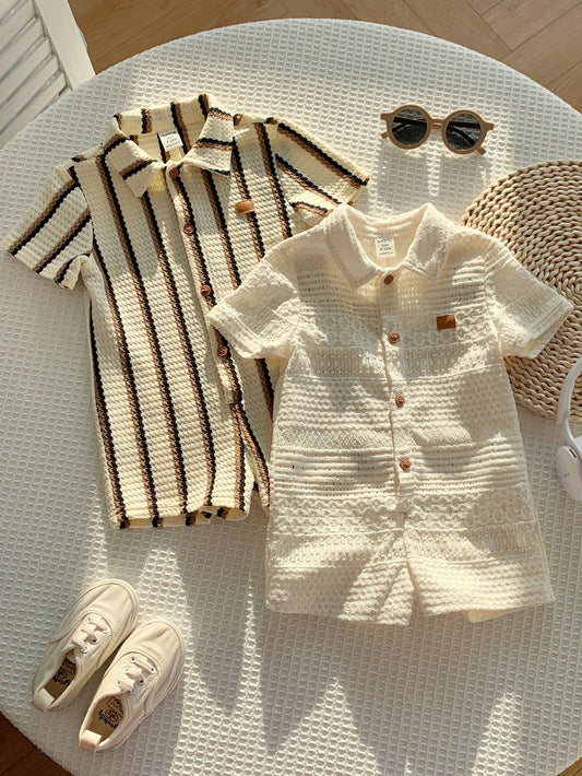 2pcs Newborn Baby Unisex Casual Striped Polo Collar Short Sleeve Romper Set,Blue And White Stripe,Summer,Casual,Family Matching,Birthday Party,Wedding