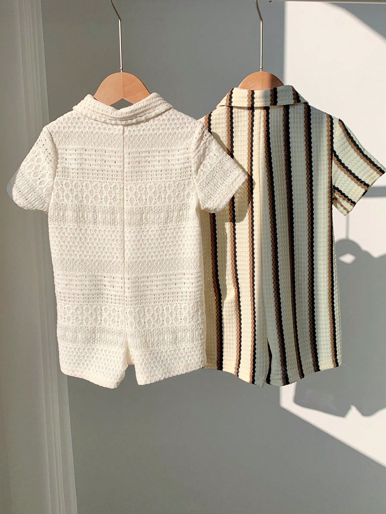 2pcs Newborn Baby Unisex Casual Striped Polo Collar Short Sleeve Romper Set,Blue And White Stripe,Summer,Casual,Family Matching,Birthday Party,Wedding