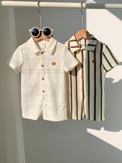 2pcs Newborn Baby Unisex Casual Striped Polo Collar Short Sleeve Romper Set,Blue And White Stripe,Summer,Casual,Family Matching,Birthday Party,Wedding