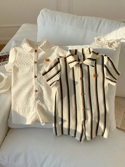 2pcs Newborn Baby Unisex Casual Striped Polo Collar Short Sleeve Romper Set,Blue And White Stripe,Summer,Casual,Family Matching,Birthday Party,Wedding