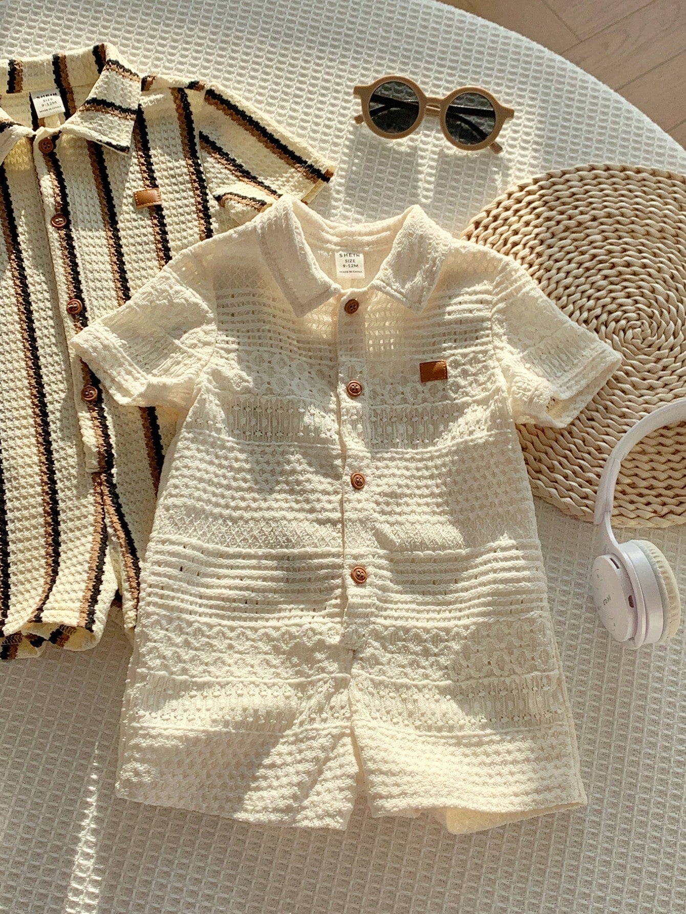 2pcs Newborn Baby Unisex Casual Striped Polo Collar Short Sleeve Romper Set,Blue And White Stripe,Summer,Casual,Family Matching,Birthday Party,Wedding