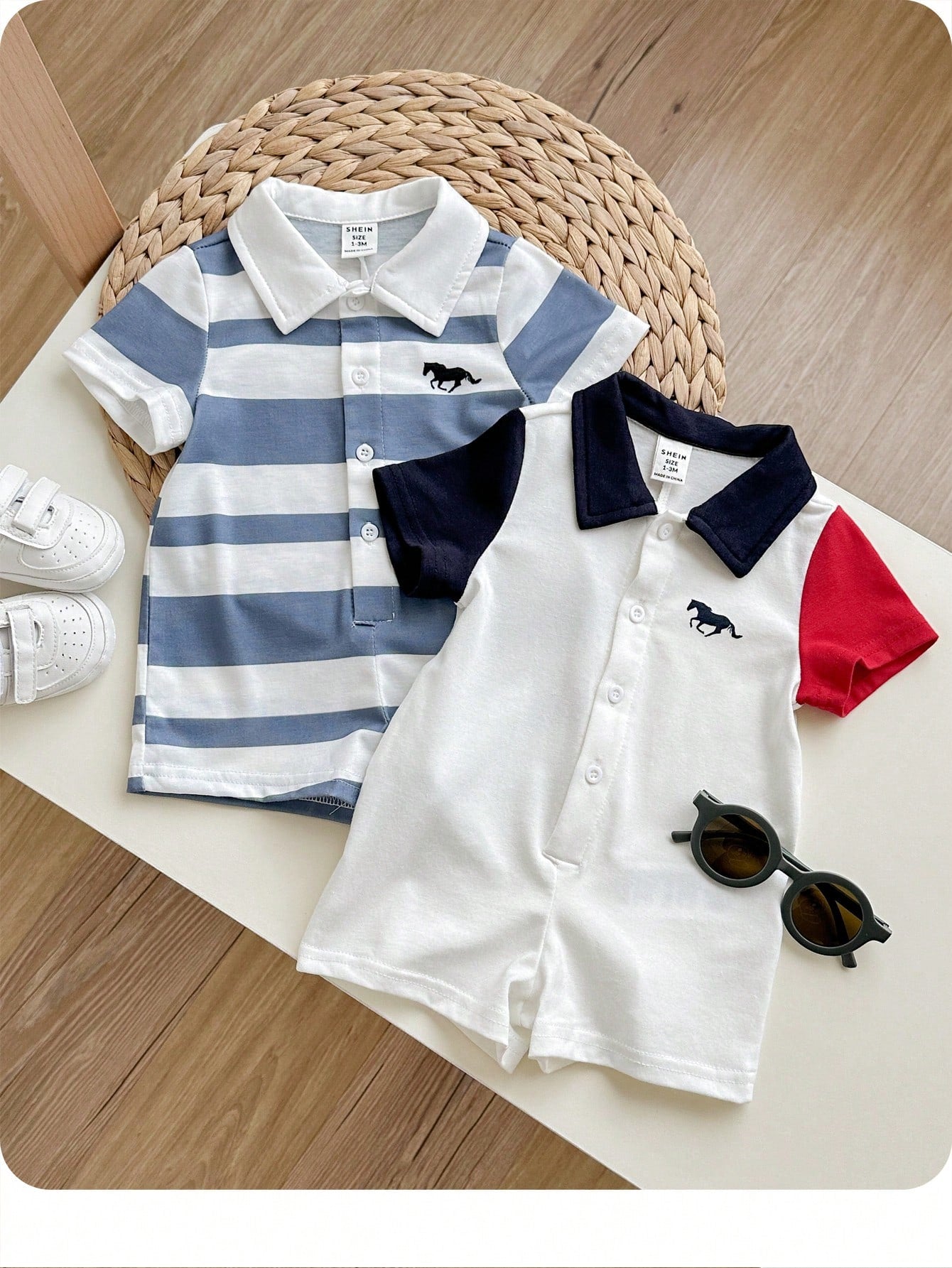2pcs Newborn Baby Unisex Casual Striped Polo Collar Short Sleeve Romper Set,Blue And White Stripe,Summer,Casual,Family Matching,Birthday Party,Wedding