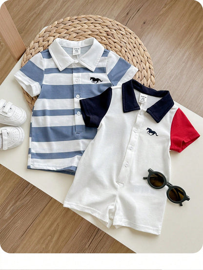 2pcs Newborn Baby Unisex Casual Striped Polo Collar Short Sleeve Romper Set,Blue And White Stripe,Summer,Casual,Family Matching,Birthday Party,Wedding