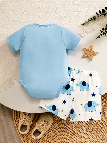 2pcs Newborn Short Sleeve Outfit Blue And White Striped Summer Casual Cute Family Matching Romper Shorts Elephant Print Soft Comfortable Clothes
