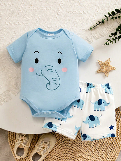2pcs Newborn Short Sleeve Outfit Blue And White Striped Summer Casual Cute Family Matching Romper Shorts Elephant Print Soft Comfortable Clothes
