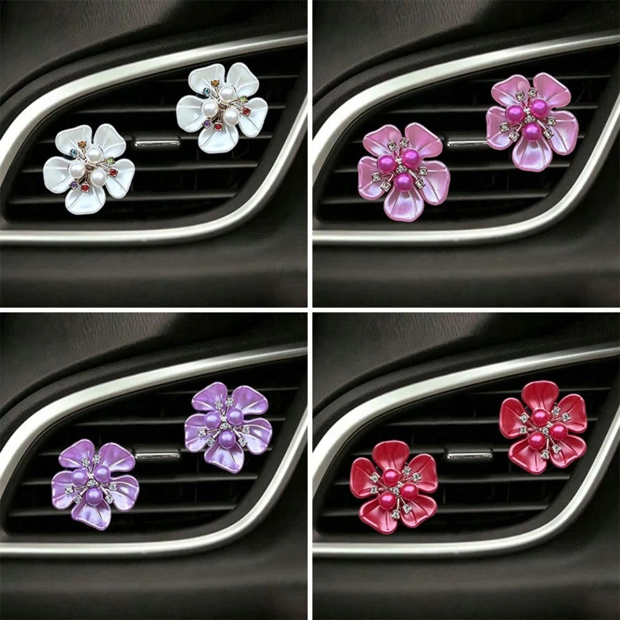 2pcs Pearl Rhinestone Flower Car Air Vent Decor Clips, Car AC Vent Decoration, Interior Fresh Flower Ornament
