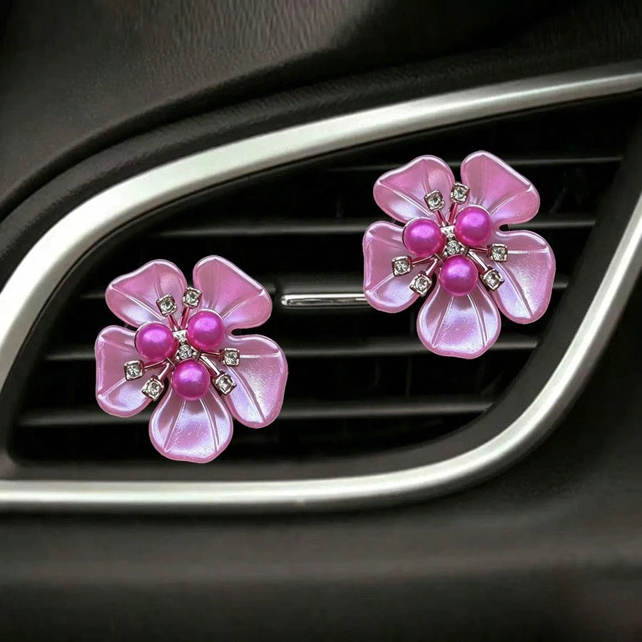 2pcs Pearl Rhinestone Flower Car Air Vent Decor Clips, Car AC Vent Decoration, Interior Fresh Flower Ornament