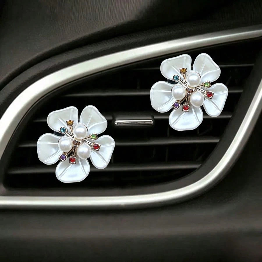 2pcs Pearl Rhinestone Flower Car Air Vent Decor Clips, Car AC Vent Decoration, Interior Fresh Flower Ornament