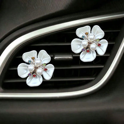 2pcs Pearl Rhinestone Flower Car Air Vent Decor Clips, Car AC Vent Decoration, Interior Fresh Flower Ornament