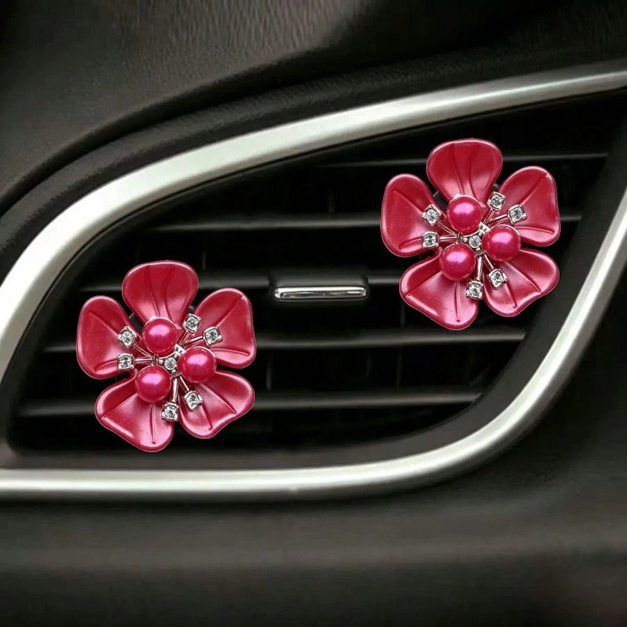 2pcs Pearl Rhinestone Flower Car Air Vent Decor Clips, Car AC Vent Decoration, Interior Fresh Flower Ornament