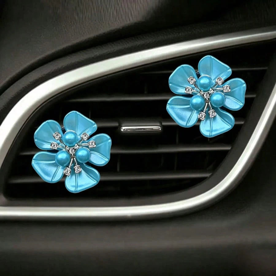 2pcs Pearl Rhinestone Flower Car Air Vent Decor Clips, Car AC Vent Decoration, Interior Fresh Flower Ornament