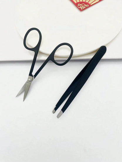 2pcs/Set, 1 Black Eyebrow Scissors + 1 Black Eyebrow Tweezer, Eyebrow Grooming Kit, Beauty Tools, Suitable For Home And Commercial Use, Travel Friendly, Distribution, Gift For Girls, Home Decor, Vanit