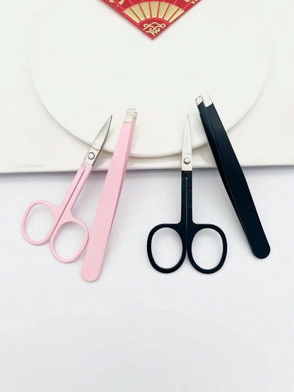 2pcs/Set, 1 Black Eyebrow Scissors + 1 Black Eyebrow Tweezer, Eyebrow Grooming Kit, Beauty Tools, Suitable For Home And Commercial Use, Travel Friendly, Distribution, Gift For Girls, Home Decor, Vanit
