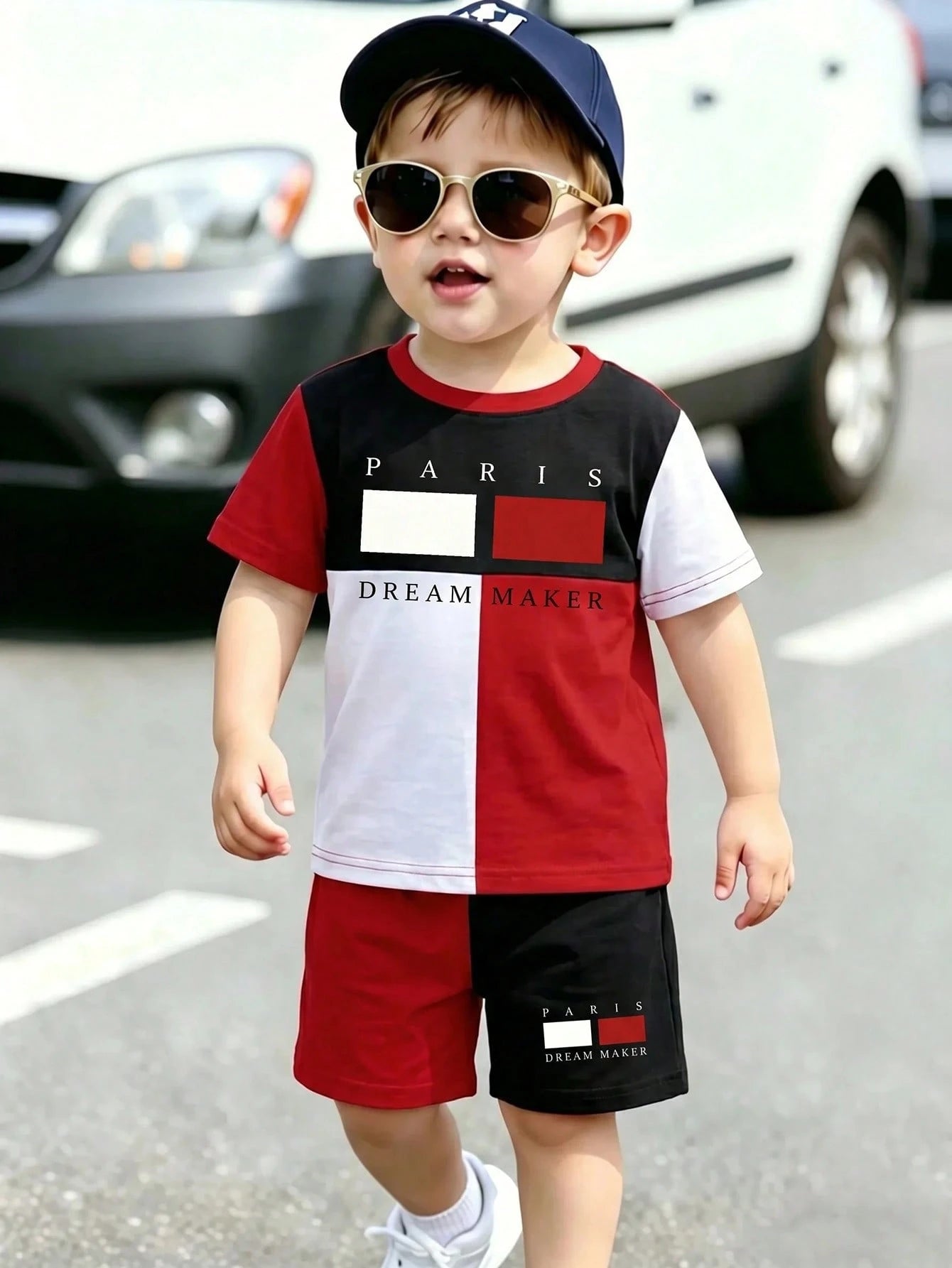 2pcs/Set Baby Boy Black And Red Paris & DREAM MAKER Letter Print Colorblock T-Shirt And Shorts Set,Summer Street Life Casual Graphic Street Fashion