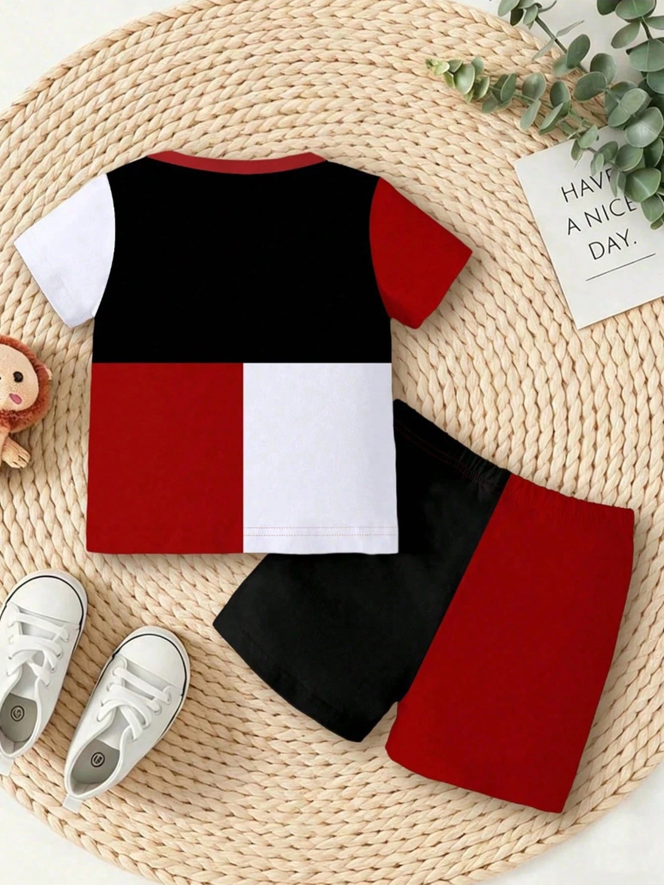 2pcs/Set Baby Boy Black And Red Paris & DREAM MAKER Letter Print Colorblock T-Shirt And Shorts Set,Summer Street Life Casual Graphic Street Fashion