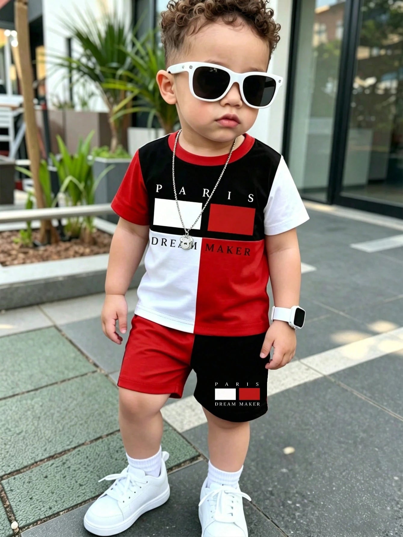 2pcs/Set Baby Boy Black And Red Paris & DREAM MAKER Letter Print Colorblock T-Shirt And Shorts Set,Summer Street Life Casual Graphic Street Fashion