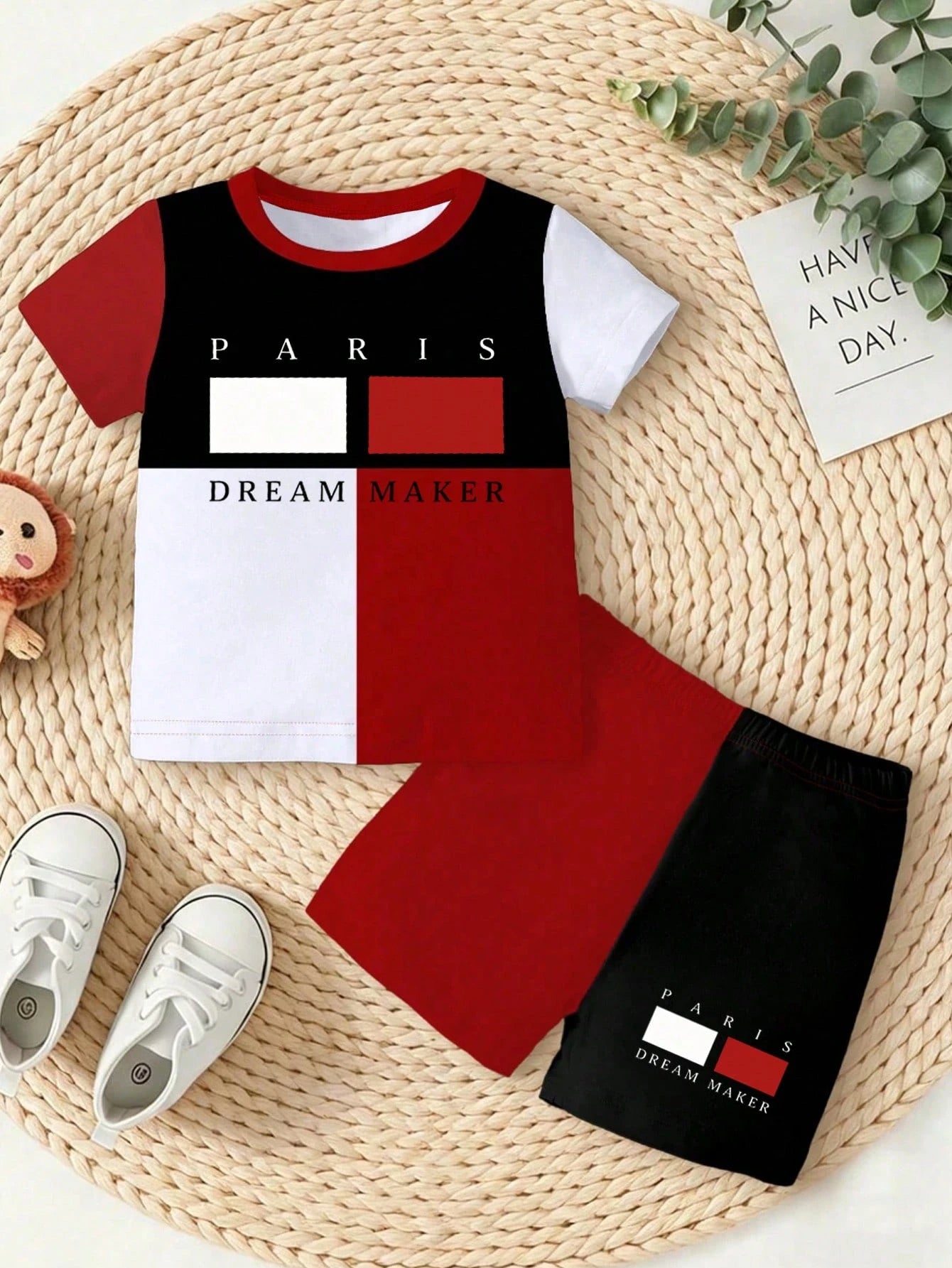 2pcs/Set Baby Boy Black And Red Paris & DREAM MAKER Letter Print Colorblock T-Shirt And Shorts Set,Summer Street Life Casual Graphic Street Fashion