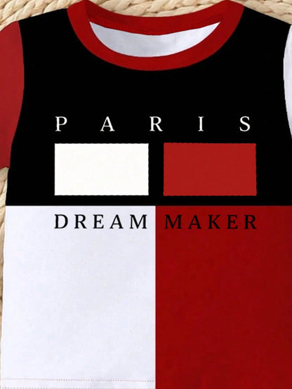 2pcs/Set Baby Boy Black And Red Paris & DREAM MAKER Letter Print Colorblock T-Shirt And Shorts Set,Summer Street Life Casual Graphic Street Fashion