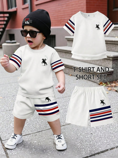 2pcs/Set Baby Boy Black And Red Paris & DREAM MAKER Letter Print Colorblock T-Shirt And Shorts Set,Summer Street Life Casual Graphic Street Fashion