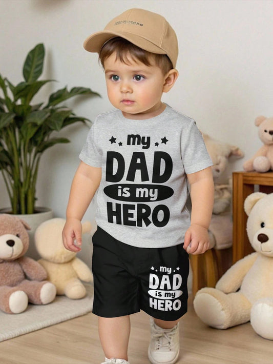 2pcs/Set Baby Boy Black Summer Casual Cute Family Matching,Minimalist Round Neck Short Sleeve T-Shirt And Shorts Set,""Dad Hero"" Slogan Graphic Print