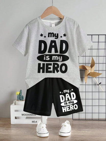 2pcs/Set Baby Boy Black Summer Casual Cute Family Matching,Minimalist Round Neck Short Sleeve T-Shirt And Shorts Set,""Dad Hero"" Slogan Graphic Print