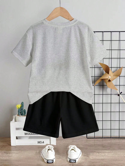 2pcs/Set Baby Boy Black Summer Casual Cute Family Matching,Minimalist Round Neck Short Sleeve T-Shirt And Shorts Set,""Dad Hero"" Slogan Graphic Print