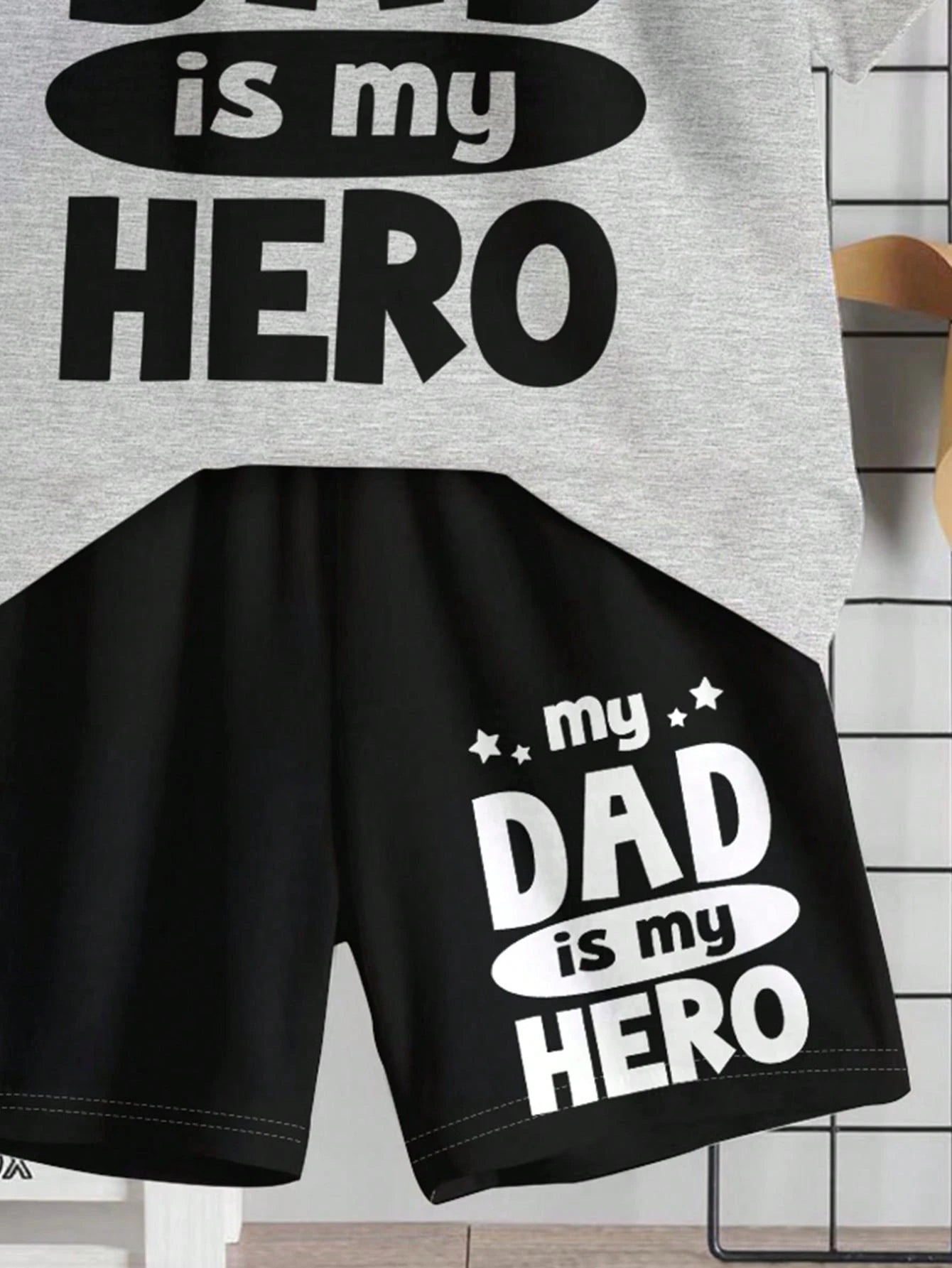 2pcs/Set Baby Boy Black Summer Casual Cute Family Matching,Minimalist Round Neck Short Sleeve T-Shirt And Shorts Set,""Dad Hero"" Slogan Graphic Print