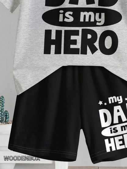 2pcs/Set Baby Boy Black Summer Casual Cute Family Matching,Minimalist Round Neck Short Sleeve T-Shirt And Shorts Set,""Dad Hero"" Slogan Graphic Print
