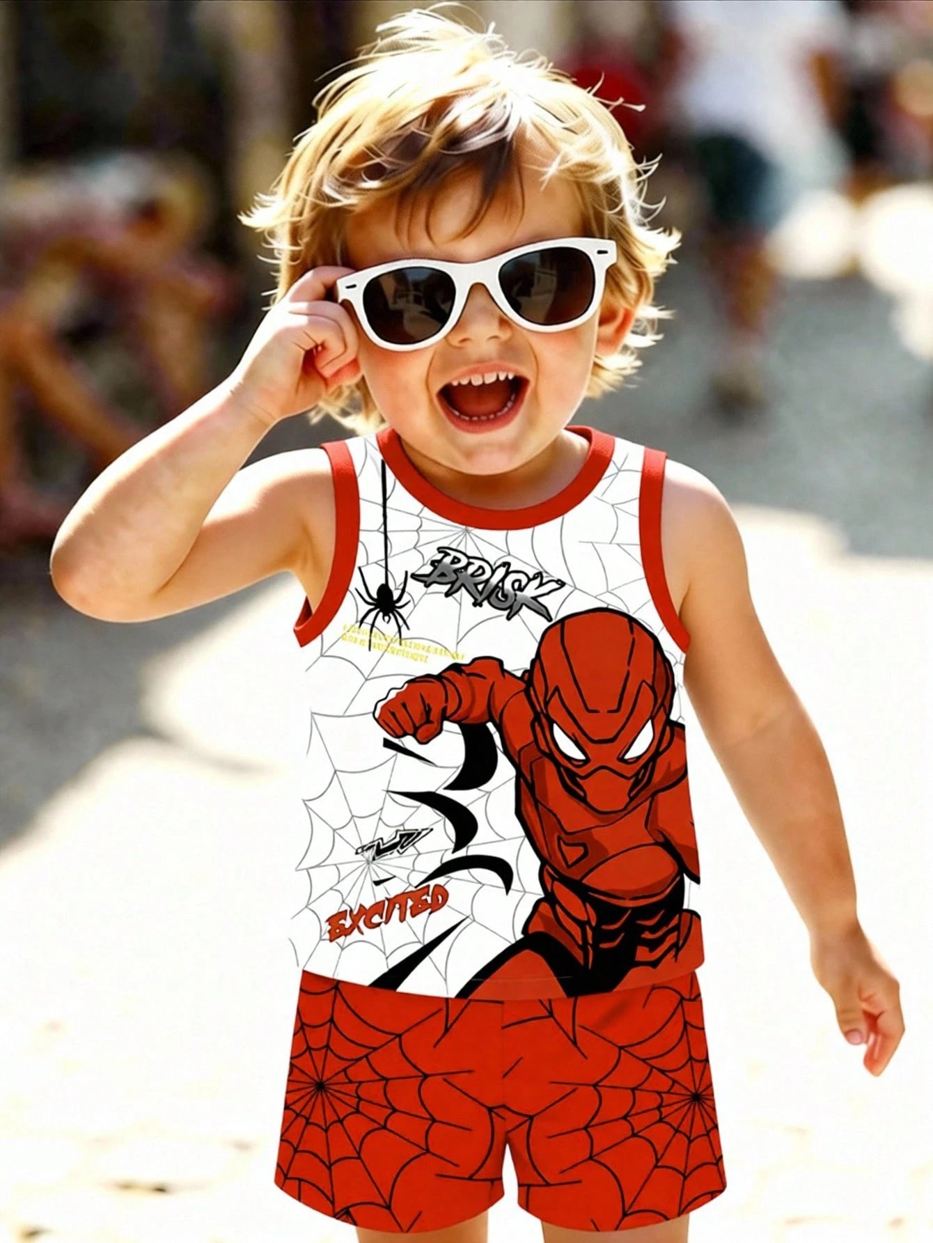 2pcs/Set Baby Boy Casual Streetwear Outfit Spider & Superhero Graphic Letter Print Round Neck Tank Top & Shorts White And Red Summer Cute Beach