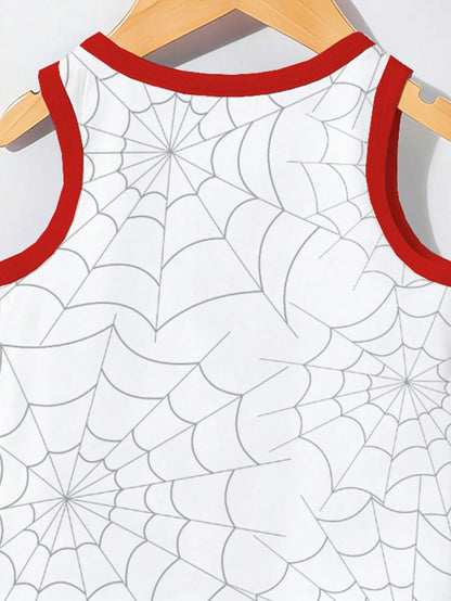 2pcs/Set Baby Boy Casual Streetwear Outfit Spider & Superhero Graphic Letter Print Round Neck Tank Top & Shorts White And Red Summer Cute Beach