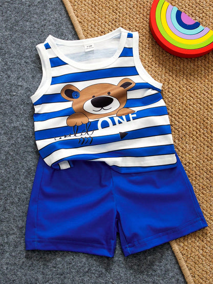 2pcs/Set Baby Boy Casual Streetwear Outfit Spider & Superhero Graphic Letter Print Round Neck Tank Top & Shorts White And Red Summer Cute Beach