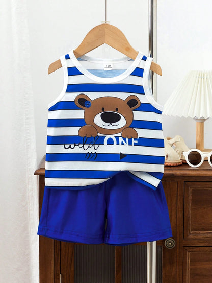 2pcs/Set Baby Boy Casual Streetwear Outfit Spider & Superhero Graphic Letter Print Round Neck Tank Top & Shorts White And Red Summer Cute Beach