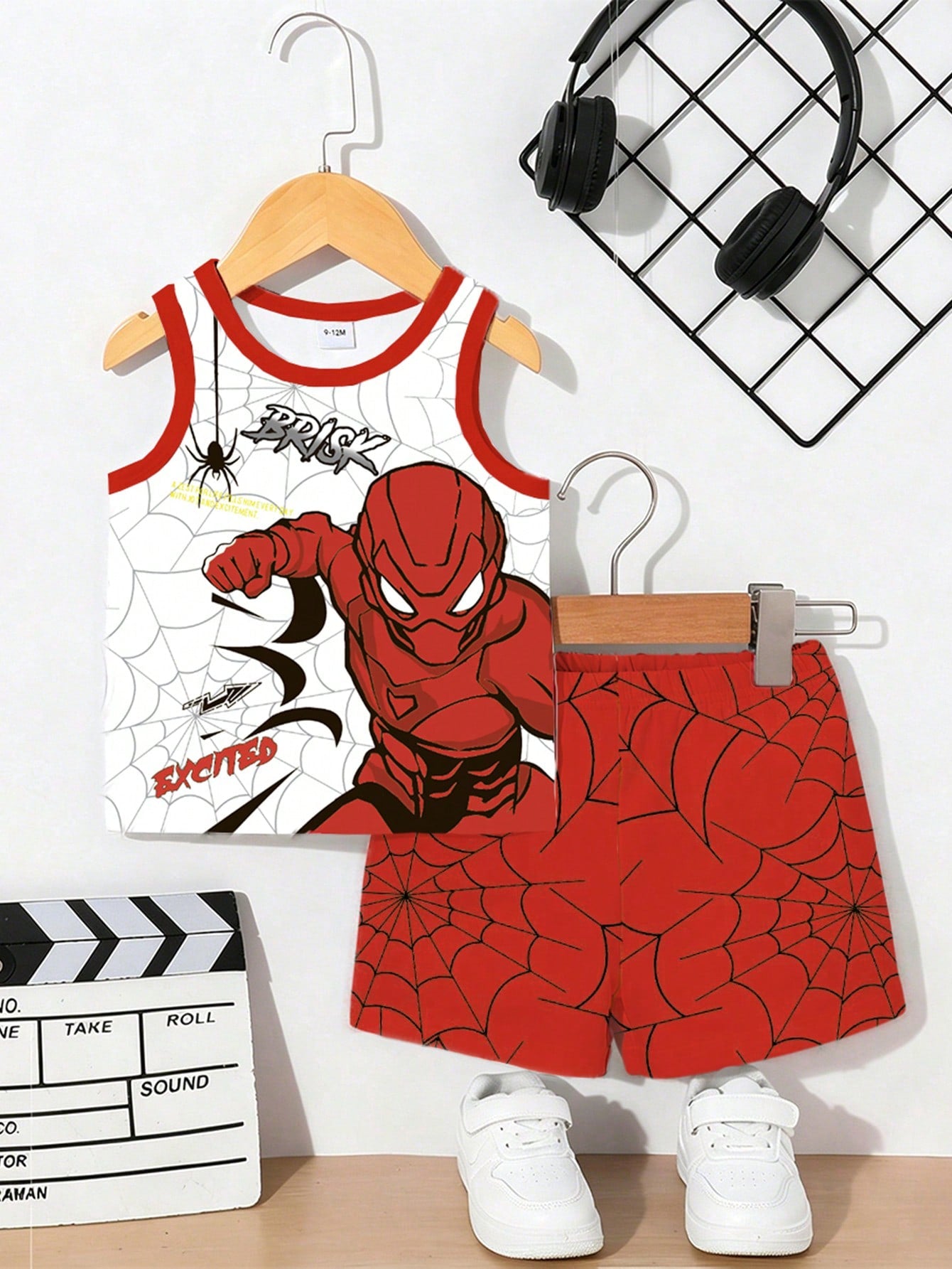 2pcs/Set Baby Boy Casual Streetwear Outfit Spider & Superhero Graphic Letter Print Round Neck Tank Top & Shorts White And Red Summer Cute Beach