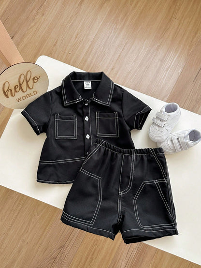 2pcs/Set Baby Boy/Girl Casual School Chic Oversized Top/Shirt With Elastic Waist Shorts Outfit, Suitable For Spring/Summer Indoor And Outdoor Wear
