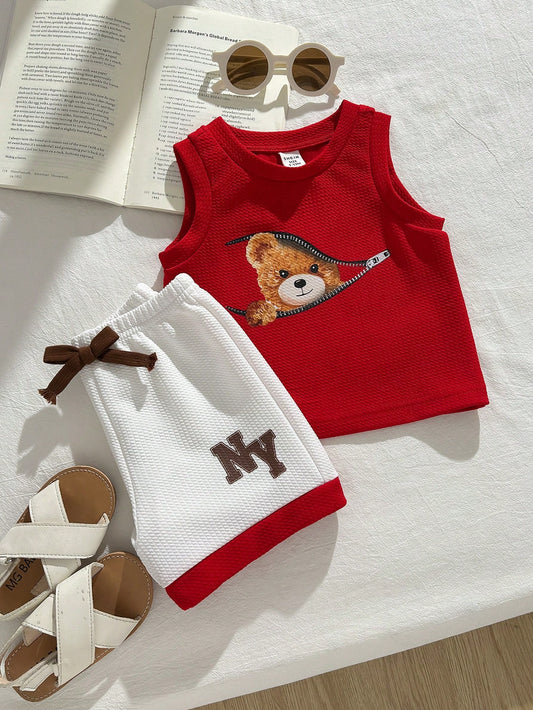 2pcs/Set Baby Boy Summer Casual Cute Cartoon Bear Pattern Hooded Vest&Shorts Set,Kids Outfit For Outfits Toddler Clothes