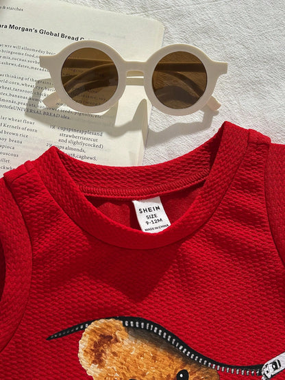 2pcs/Set Baby Boy Summer Casual Cute Cartoon Bear Pattern Hooded Vest&Shorts Set,Kids Outfit For Outfits Toddler Clothes