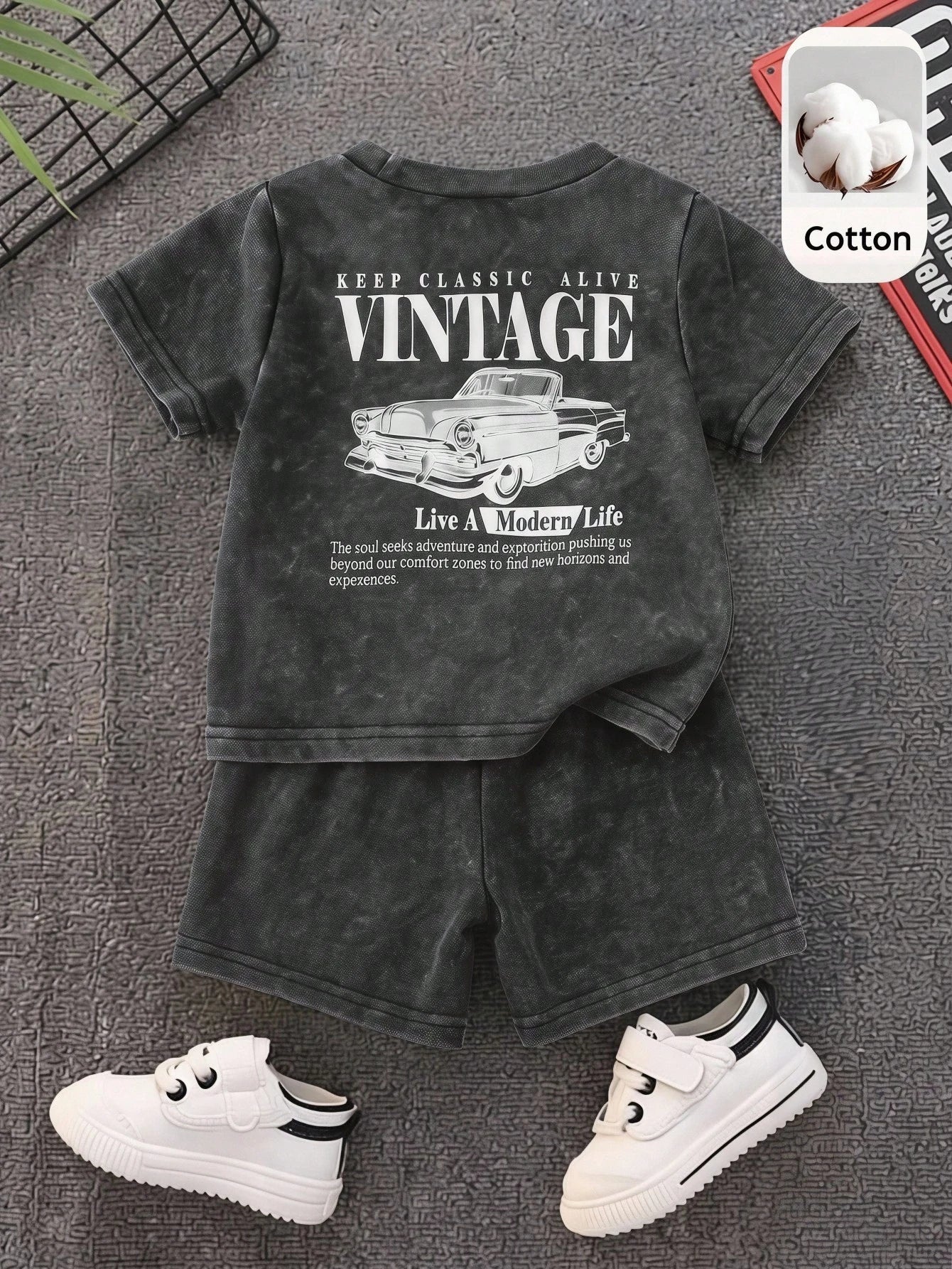 2pcs/Set Baby Boy Summer Casual Street Style Denim Knit Top And Denim Shorts Set, Infant Boy Outfit, Denim Set, T-Shirt Set, Holiday Set, Summer Set, Racing Set