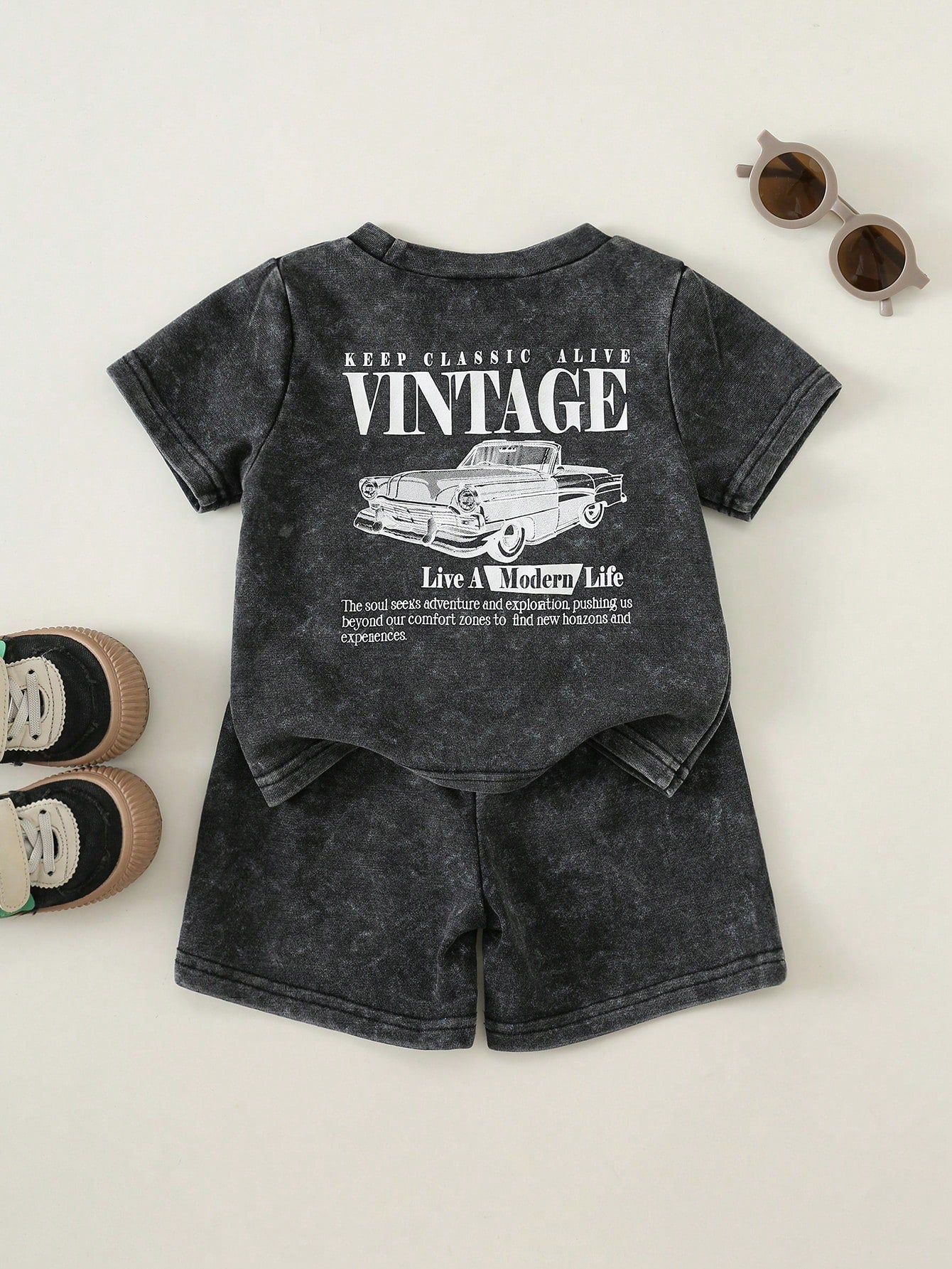 2pcs/Set Baby Boy Summer Casual Street Style Denim Knit Top And Denim Shorts Set, Infant Boy Outfit, Denim Set, T-Shirt Set, Holiday Set, Summer Set, Racing Set