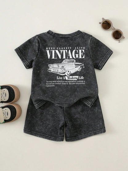 2pcs/Set Baby Boy Summer Casual Street Style Denim Knit Top And Denim Shorts Set, Infant Boy Outfit, Denim Set, T-Shirt Set, Holiday Set, Summer Set, Racing Set