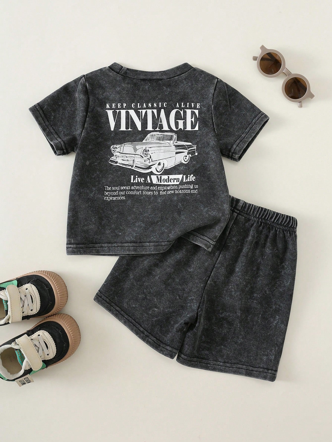 2pcs/Set Baby Boy Summer Casual Street Style Denim Knit Top And Denim Shorts Set, Infant Boy Outfit, Denim Set, T-Shirt Set, Holiday Set, Summer Set, Racing Set