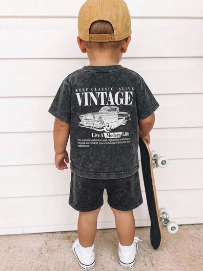2pcs/Set Baby Boy Summer Casual Street Style Denim Knit Top And Denim Shorts Set, Infant Boy Outfit, Denim Set, T-Shirt Set, Holiday Set, Summer Set, Racing Set
