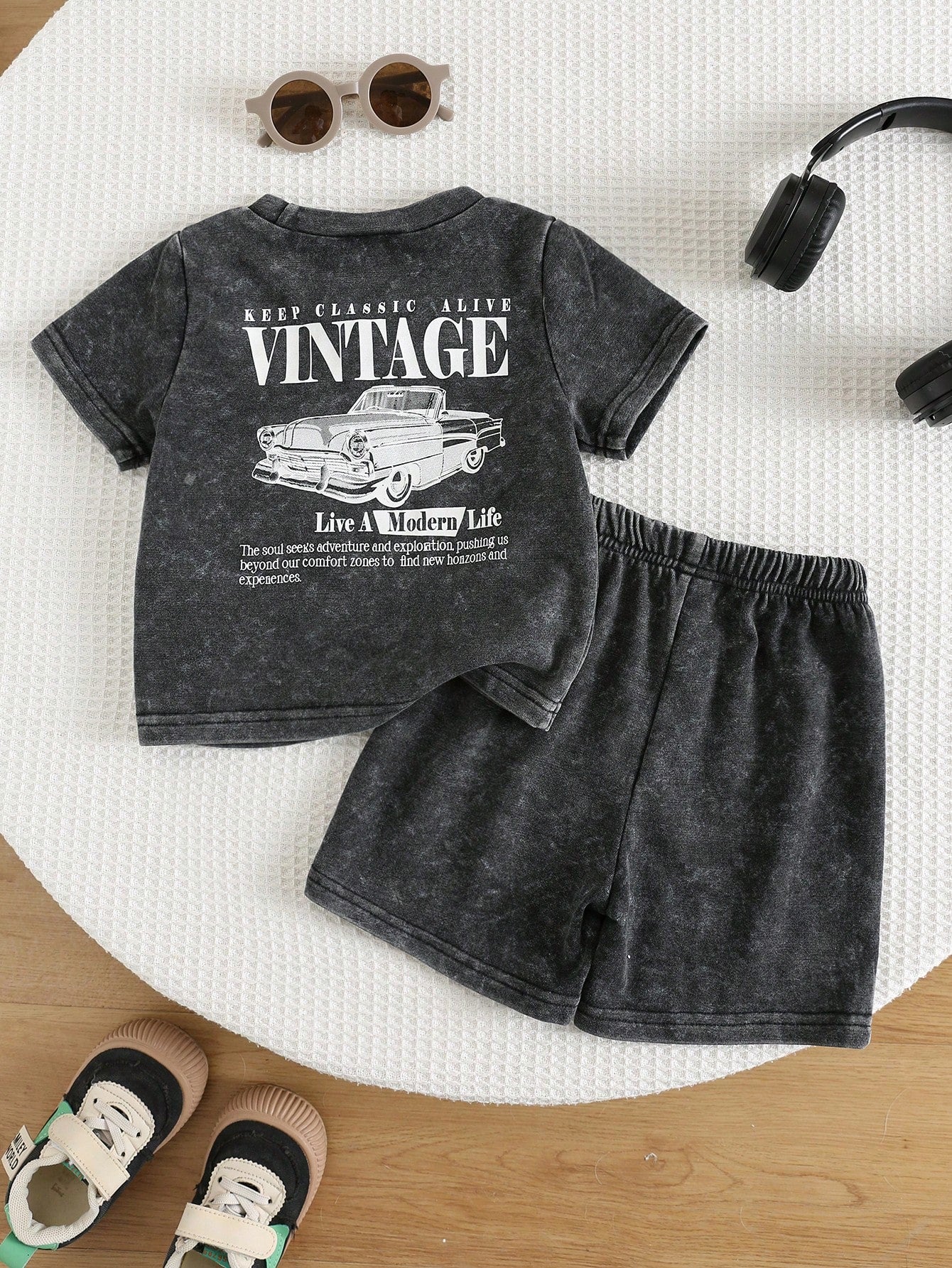 2pcs/Set Baby Boy Summer Casual Street Style Denim Knit Top And Denim Shorts Set, Infant Boy Outfit, Denim Set, T-Shirt Set, Holiday Set, Summer Set, Racing Set
